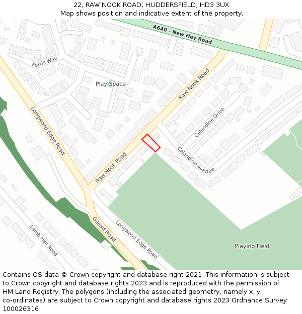 22, RAW NOOK ROAD, HUDDERSFIELD, HD3 3UX: Location map and indicative extent of plot