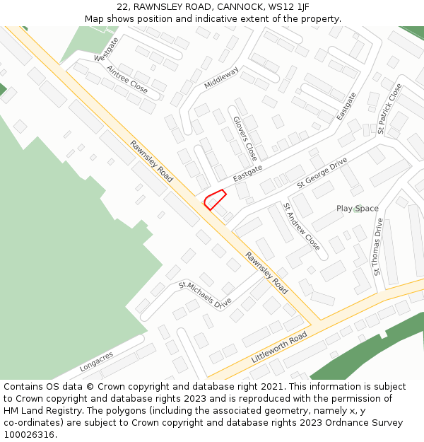 22, RAWNSLEY ROAD, CANNOCK, WS12 1JF: Location map and indicative extent of plot