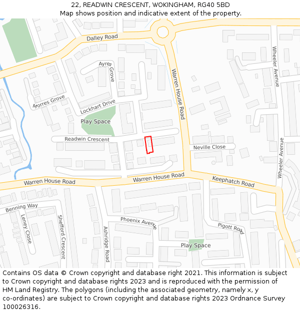 22, READWIN CRESCENT, WOKINGHAM, RG40 5BD: Location map and indicative extent of plot