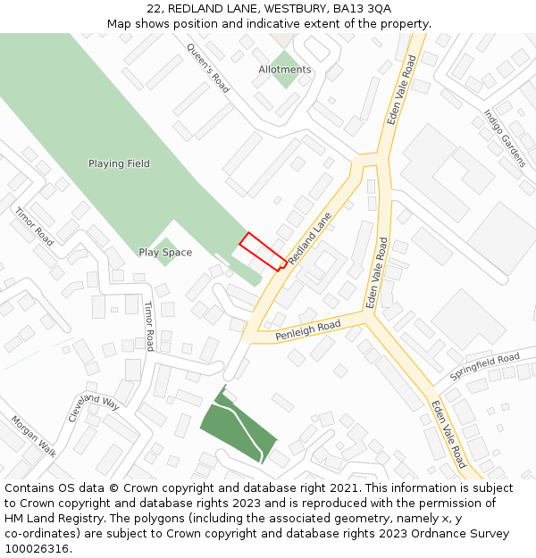 22, REDLAND LANE, WESTBURY, BA13 3QA: Location map and indicative extent of plot