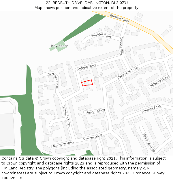 22, REDRUTH DRIVE, DARLINGTON, DL3 0ZU: Location map and indicative extent of plot