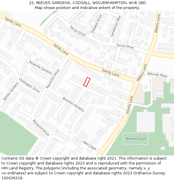 22, REEVES GARDENS, CODSALL, WOLVERHAMPTON, WV8 1BD: Location map and indicative extent of plot