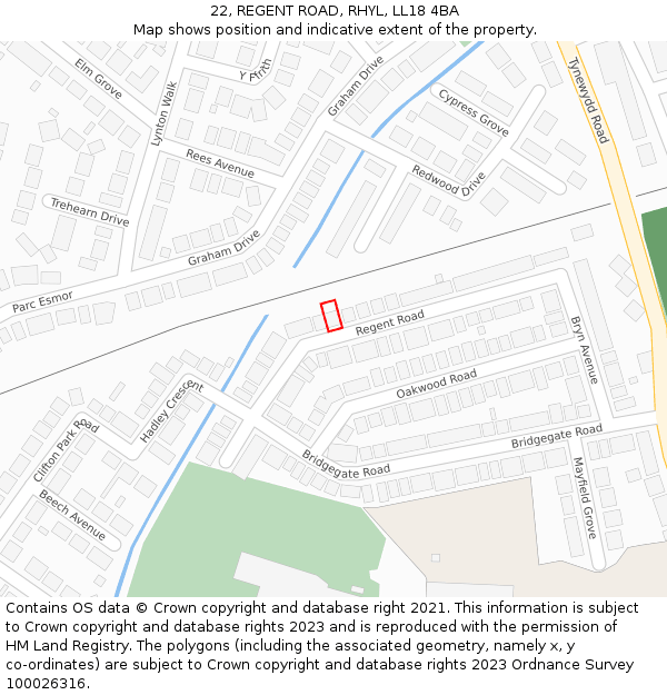 22, REGENT ROAD, RHYL, LL18 4BA: Location map and indicative extent of plot