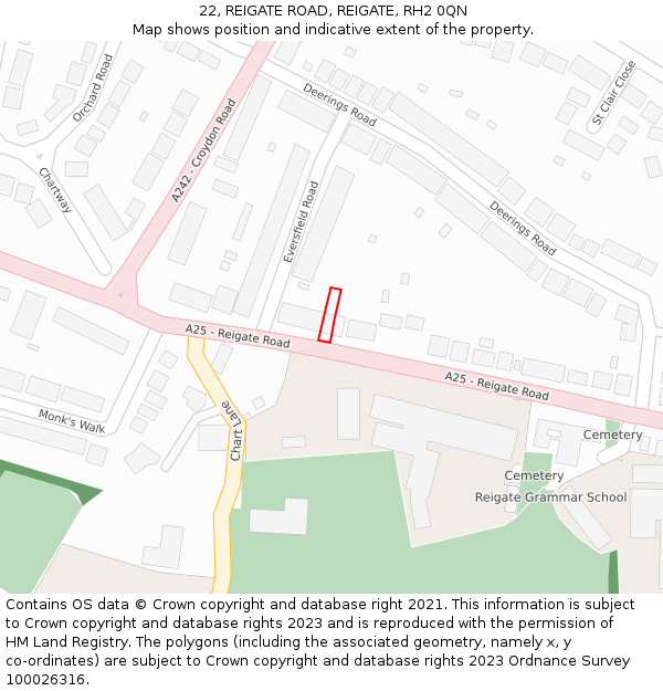22, REIGATE ROAD, REIGATE, RH2 0QN: Location map and indicative extent of plot