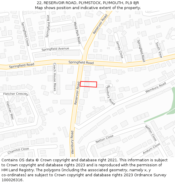 22, RESERVOIR ROAD, PLYMSTOCK, PLYMOUTH, PL9 8JR: Location map and indicative extent of plot