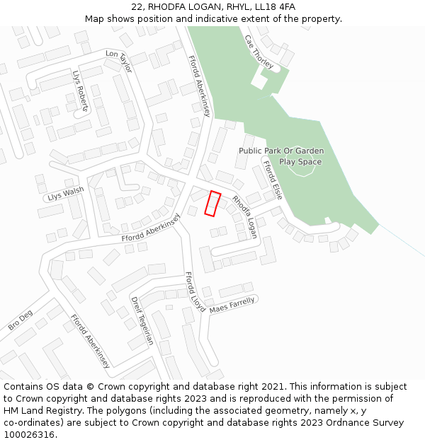 22, RHODFA LOGAN, RHYL, LL18 4FA: Location map and indicative extent of plot