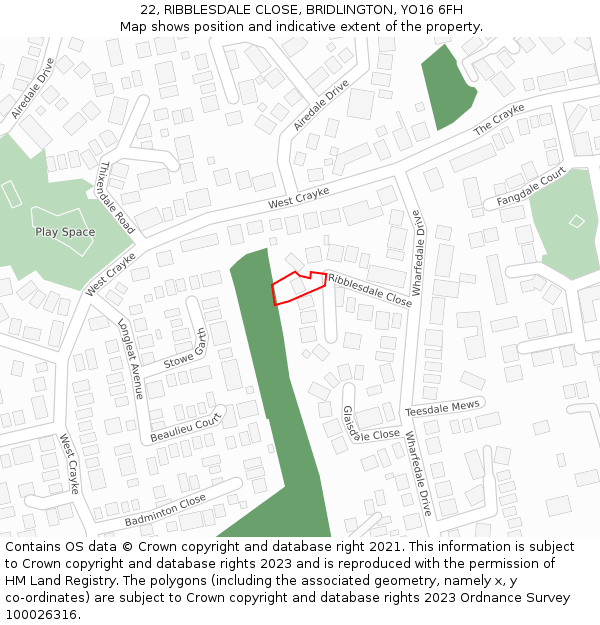 22, RIBBLESDALE CLOSE, BRIDLINGTON, YO16 6FH: Location map and indicative extent of plot
