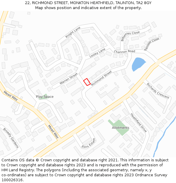 22, RICHMOND STREET, MONKTON HEATHFIELD, TAUNTON, TA2 8GY: Location map and indicative extent of plot