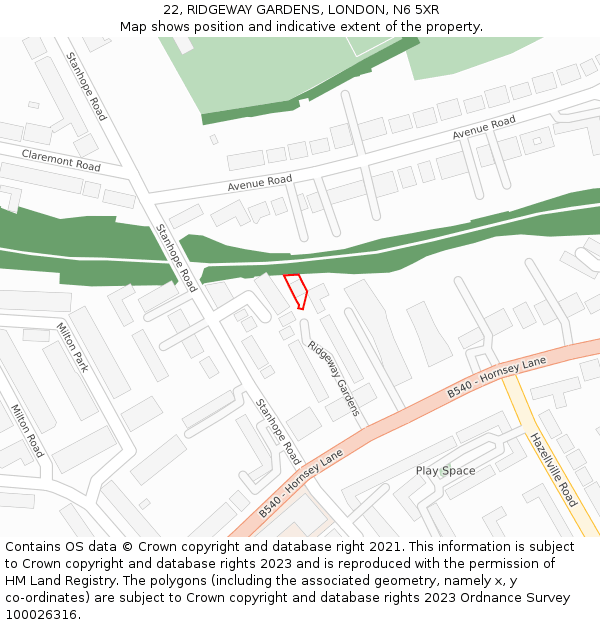 22, RIDGEWAY GARDENS, LONDON, N6 5XR: Location map and indicative extent of plot