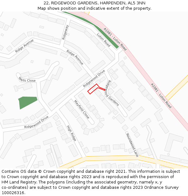 22, RIDGEWOOD GARDENS, HARPENDEN, AL5 3NN: Location map and indicative extent of plot