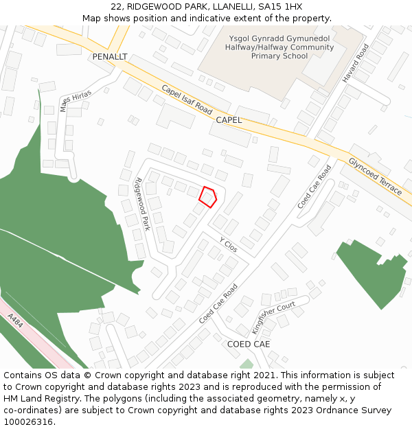 22, RIDGEWOOD PARK, LLANELLI, SA15 1HX: Location map and indicative extent of plot