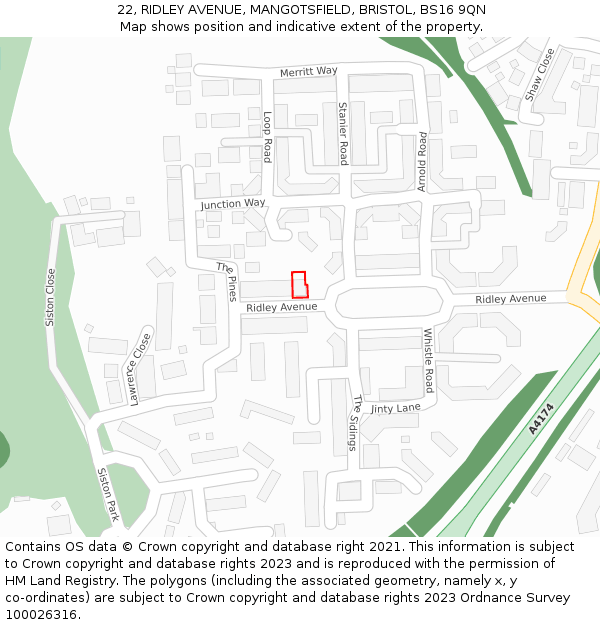 22, RIDLEY AVENUE, MANGOTSFIELD, BRISTOL, BS16 9QN: Location map and indicative extent of plot