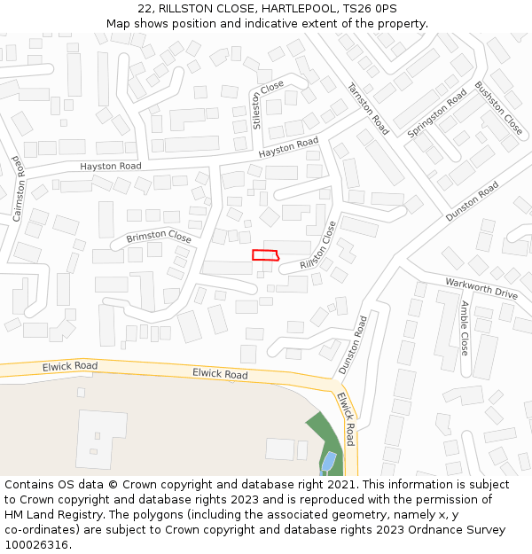 22, RILLSTON CLOSE, HARTLEPOOL, TS26 0PS: Location map and indicative extent of plot