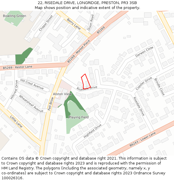 22, RISEDALE DRIVE, LONGRIDGE, PRESTON, PR3 3SB: Location map and indicative extent of plot