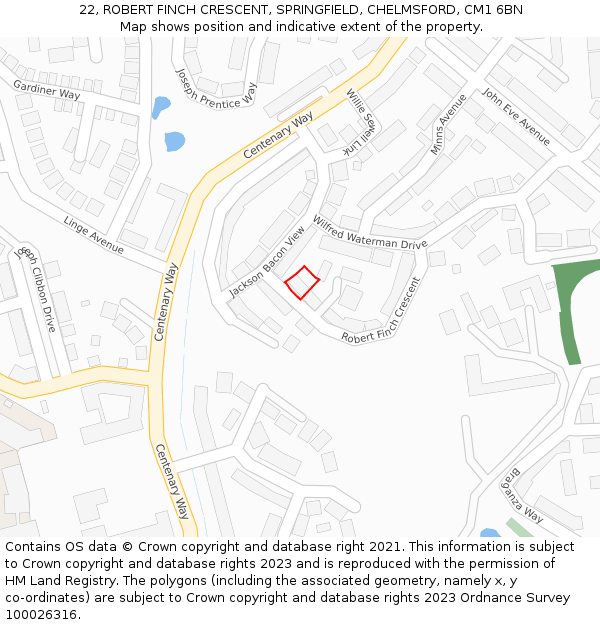 22, ROBERT FINCH CRESCENT, SPRINGFIELD, CHELMSFORD, CM1 6BN: Location map and indicative extent of plot