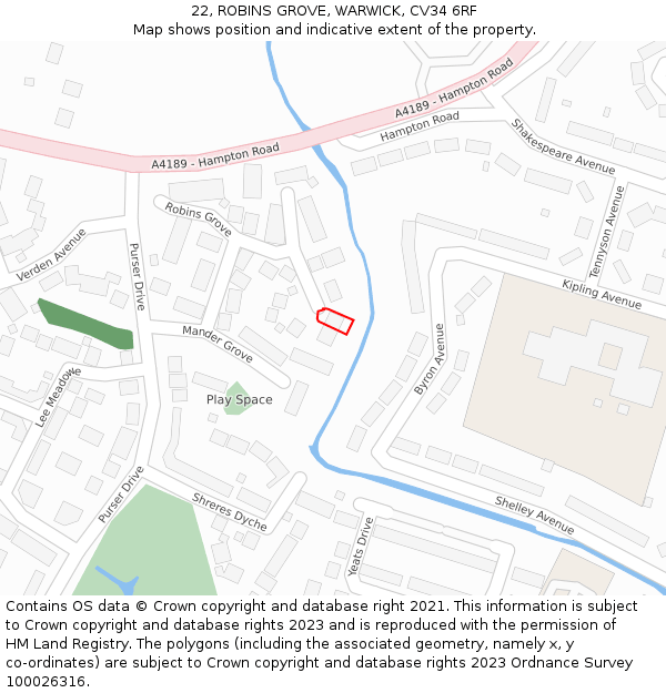 22, ROBINS GROVE, WARWICK, CV34 6RF: Location map and indicative extent of plot