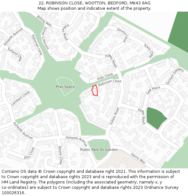 22, ROBINSON CLOSE, WOOTTON, BEDFORD, MK43 9AG: Location map and indicative extent of plot