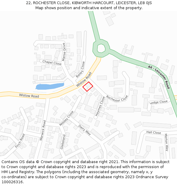 22, ROCHESTER CLOSE, KIBWORTH HARCOURT, LEICESTER, LE8 0JS: Location map and indicative extent of plot