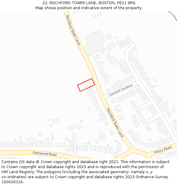 22, ROCHFORD TOWER LANE, BOSTON, PE21 9RQ: Location map and indicative extent of plot