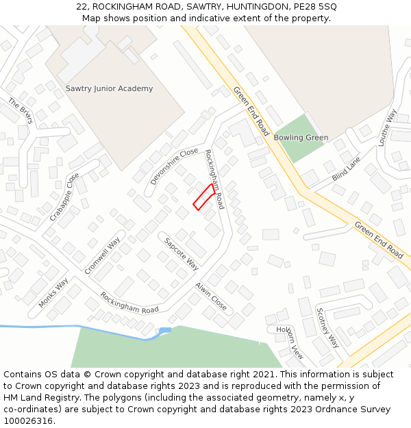 22, ROCKINGHAM ROAD, SAWTRY, HUNTINGDON, PE28 5SQ: Location map and indicative extent of plot