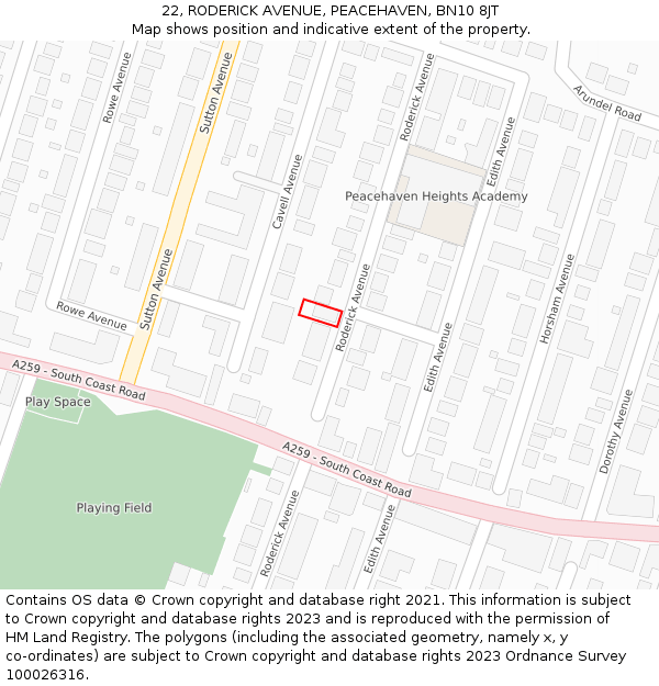 22, RODERICK AVENUE, PEACEHAVEN, BN10 8JT: Location map and indicative extent of plot