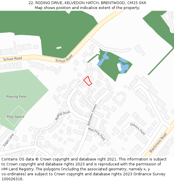 22, RODING DRIVE, KELVEDON HATCH, BRENTWOOD, CM15 0XA: Location map and indicative extent of plot