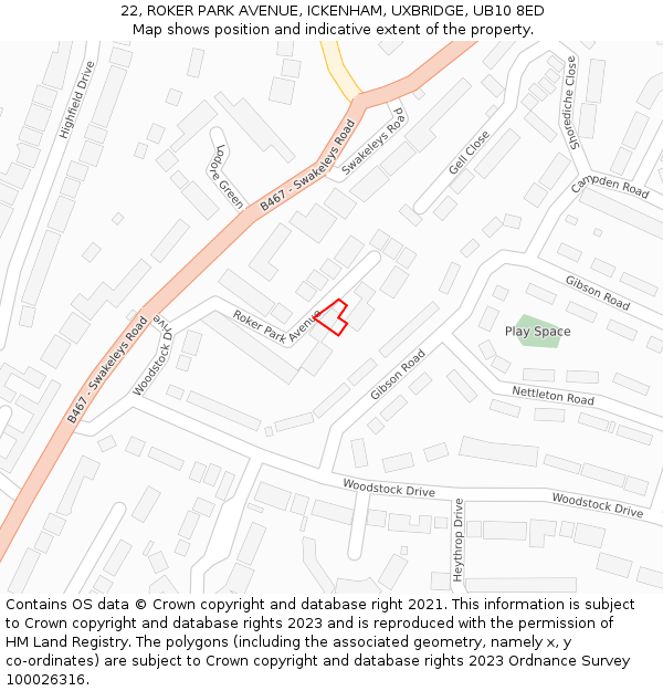 22, ROKER PARK AVENUE, ICKENHAM, UXBRIDGE, UB10 8ED: Location map and indicative extent of plot