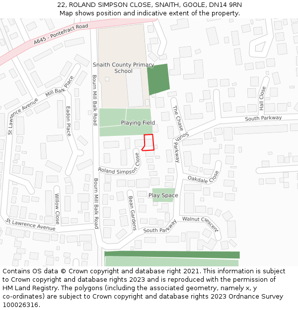22, ROLAND SIMPSON CLOSE, SNAITH, GOOLE, DN14 9RN: Location map and indicative extent of plot