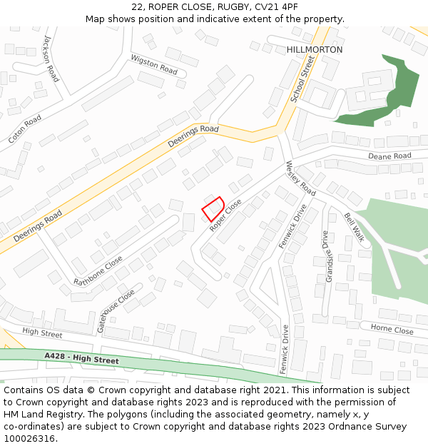 22, ROPER CLOSE, RUGBY, CV21 4PF: Location map and indicative extent of plot