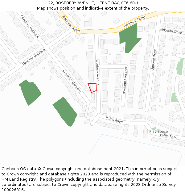 22, ROSEBERY AVENUE, HERNE BAY, CT6 6RU: Location map and indicative extent of plot