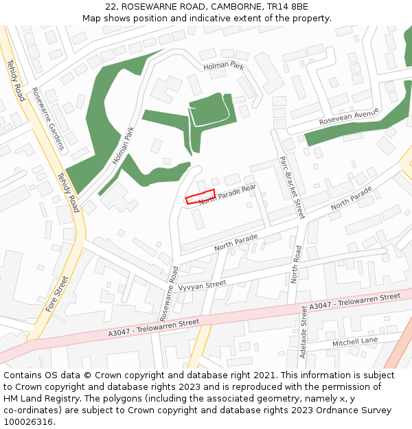 22, ROSEWARNE ROAD, CAMBORNE, TR14 8BE: Location map and indicative extent of plot