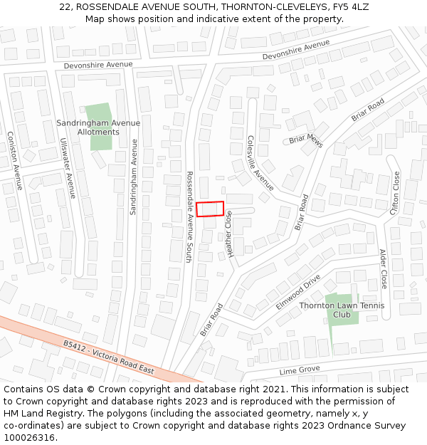 22, ROSSENDALE AVENUE SOUTH, THORNTON-CLEVELEYS, FY5 4LZ: Location map and indicative extent of plot