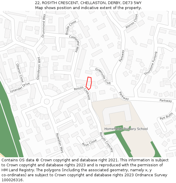 22, ROSYTH CRESCENT, CHELLASTON, DERBY, DE73 5WY: Location map and indicative extent of plot