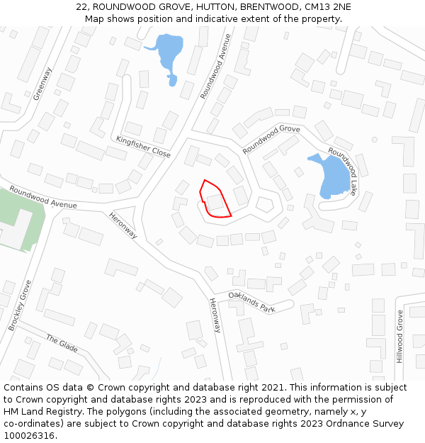 22, ROUNDWOOD GROVE, HUTTON, BRENTWOOD, CM13 2NE: Location map and indicative extent of plot