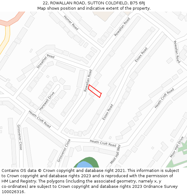 22, ROWALLAN ROAD, SUTTON COLDFIELD, B75 6RJ: Location map and indicative extent of plot