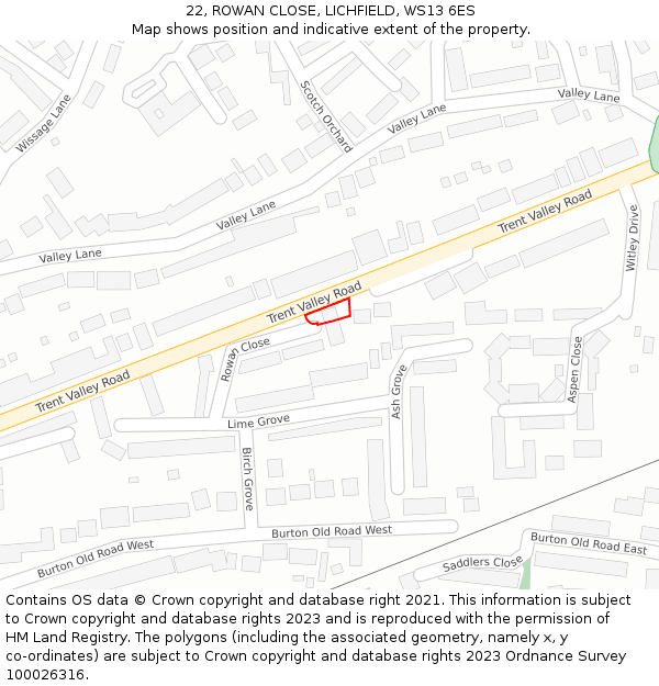 22, ROWAN CLOSE, LICHFIELD, WS13 6ES: Location map and indicative extent of plot