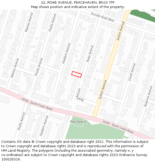 22, ROWE AVENUE, PEACEHAVEN, BN10 7PF: Location map and indicative extent of plot