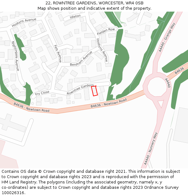 22, ROWNTREE GARDENS, WORCESTER, WR4 0SB: Location map and indicative extent of plot