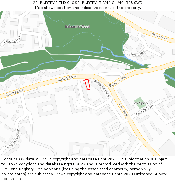 22, RUBERY FIELD CLOSE, RUBERY, BIRMINGHAM, B45 9WD: Location map and indicative extent of plot