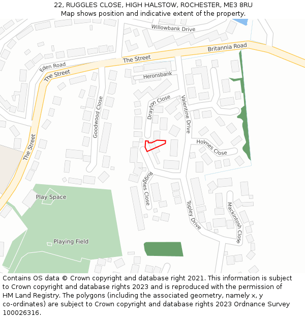 22, RUGGLES CLOSE, HIGH HALSTOW, ROCHESTER, ME3 8RU: Location map and indicative extent of plot