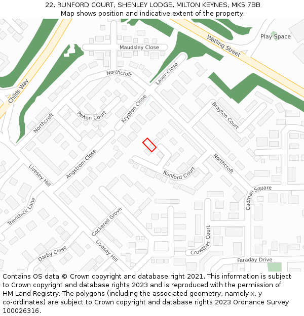 22, RUNFORD COURT, SHENLEY LODGE, MILTON KEYNES, MK5 7BB: Location map and indicative extent of plot