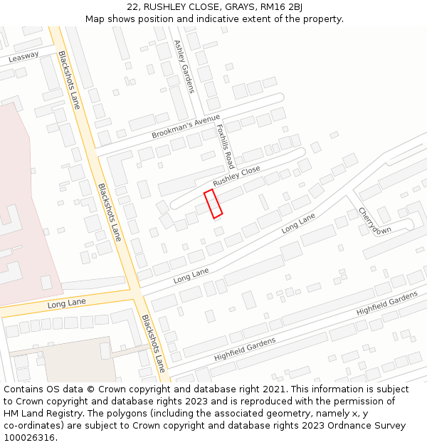 22, RUSHLEY CLOSE, GRAYS, RM16 2BJ: Location map and indicative extent of plot