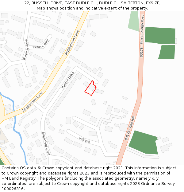 22, RUSSELL DRIVE, EAST BUDLEIGH, BUDLEIGH SALTERTON, EX9 7EJ: Location map and indicative extent of plot