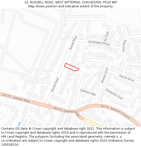 22, RUSSELL ROAD, WEST WITTERING, CHICHESTER, PO20 8EF: Location map and indicative extent of plot