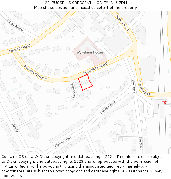 22, RUSSELLS CRESCENT, HORLEY, RH6 7DN: Location map and indicative extent of plot