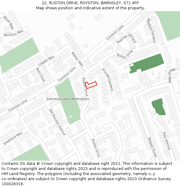 22, RUSTON DRIVE, ROYSTON, BARNSLEY, S71 4FP: Location map and indicative extent of plot