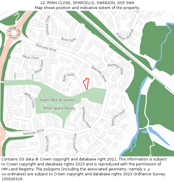 22, RYAN CLOSE, SPARCELLS, SWINDON, SN5 5WA: Location map and indicative extent of plot