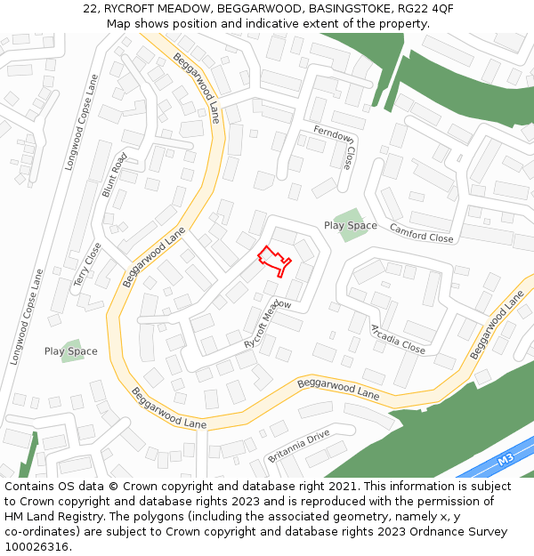 22, RYCROFT MEADOW, BEGGARWOOD, BASINGSTOKE, RG22 4QF: Location map and indicative extent of plot