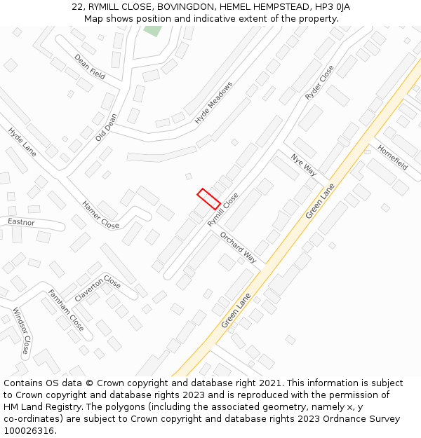 22, RYMILL CLOSE, BOVINGDON, HEMEL HEMPSTEAD, HP3 0JA: Location map and indicative extent of plot