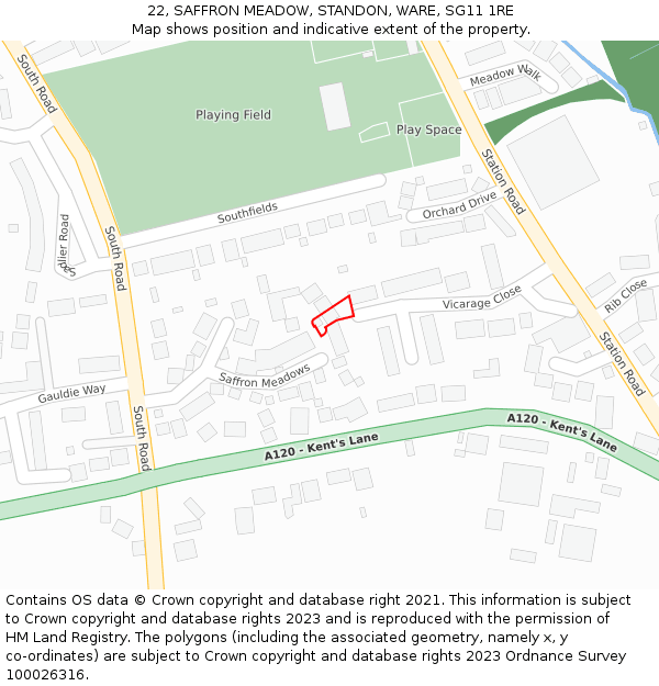 22, SAFFRON MEADOW, STANDON, WARE, SG11 1RE: Location map and indicative extent of plot